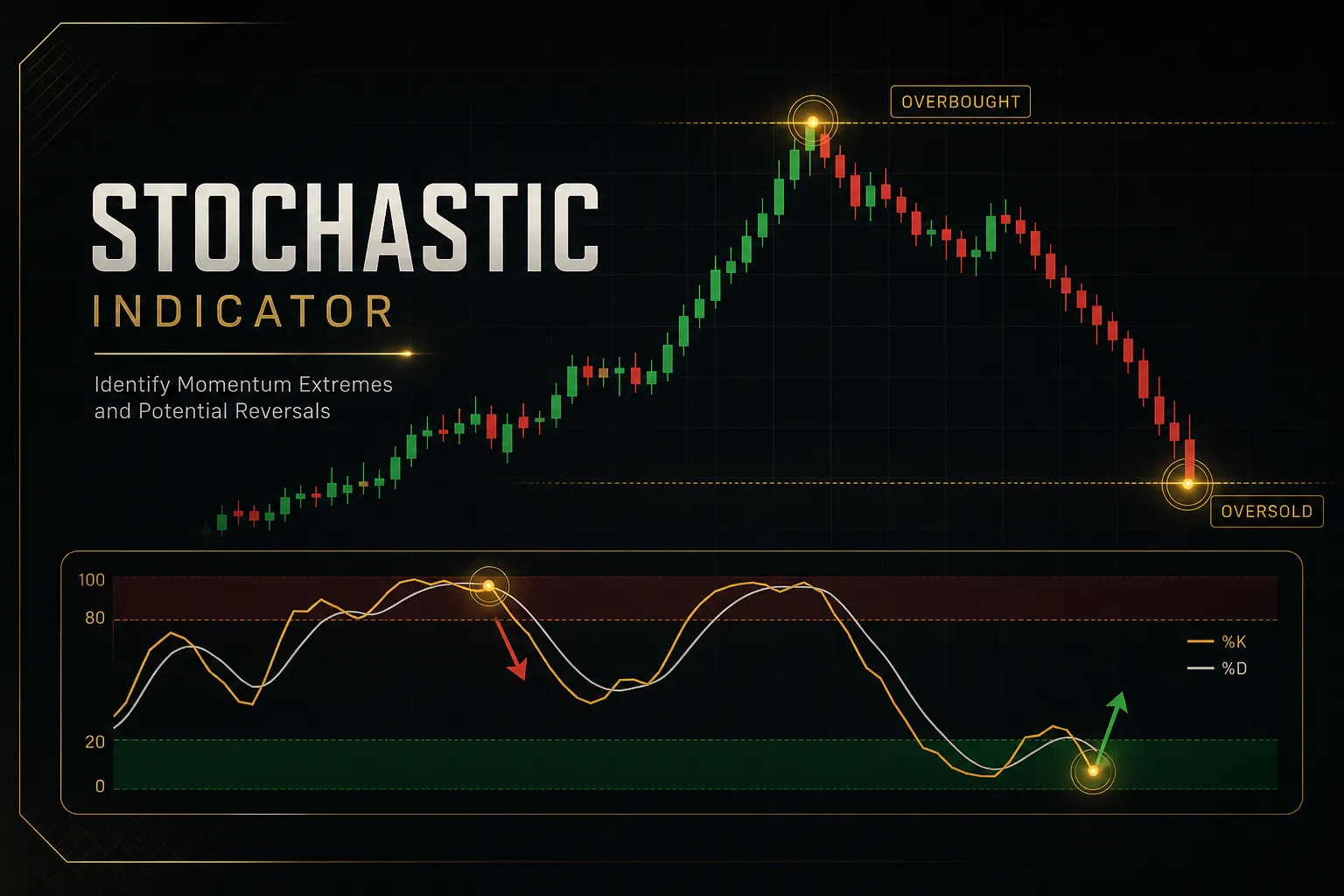 Stochastic indicator chart showing %K and %D lines signaling overbought and oversold price levels