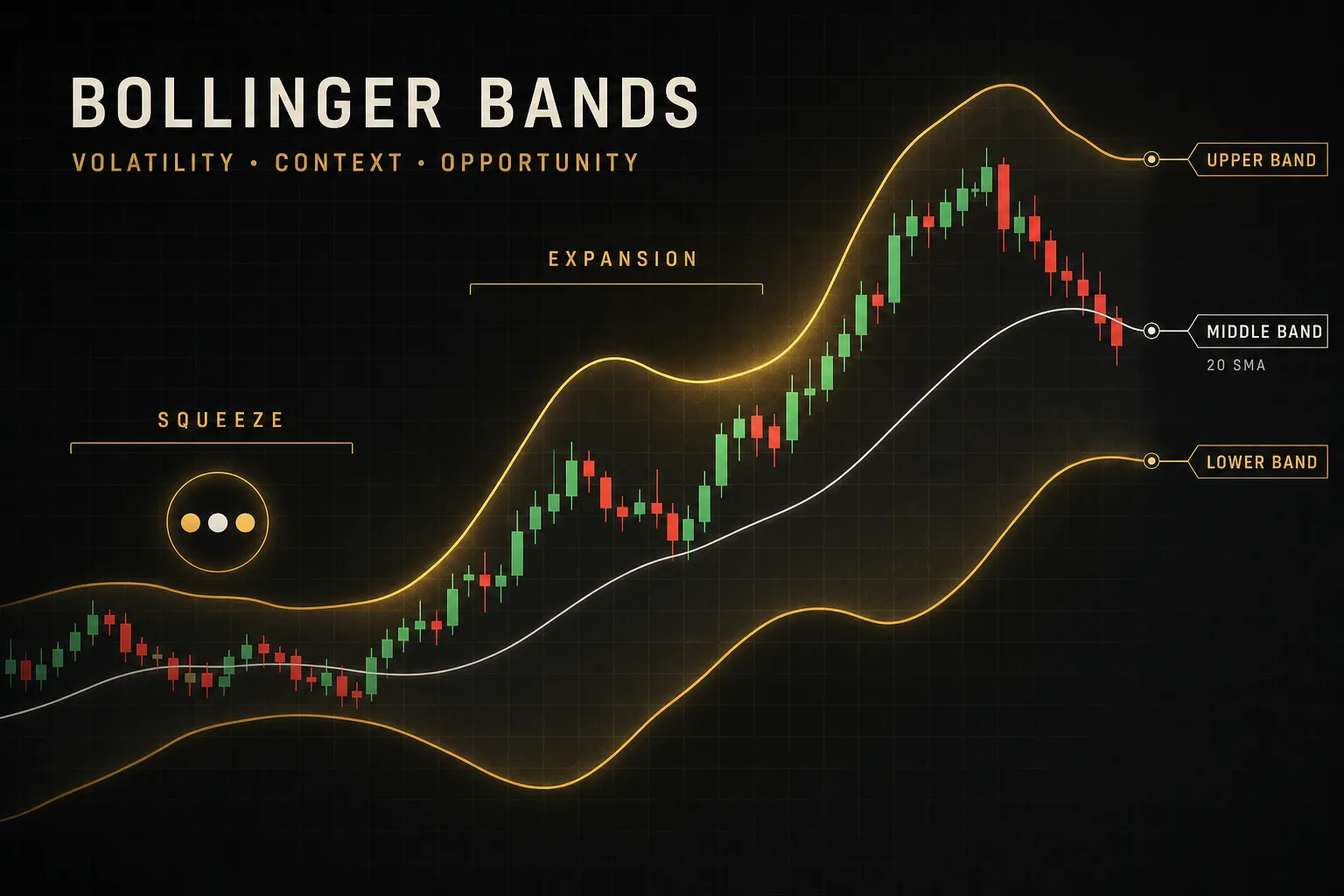 Bollinger Bands chart showing price volatility with upper, middle, and lower bands on a stock price graph