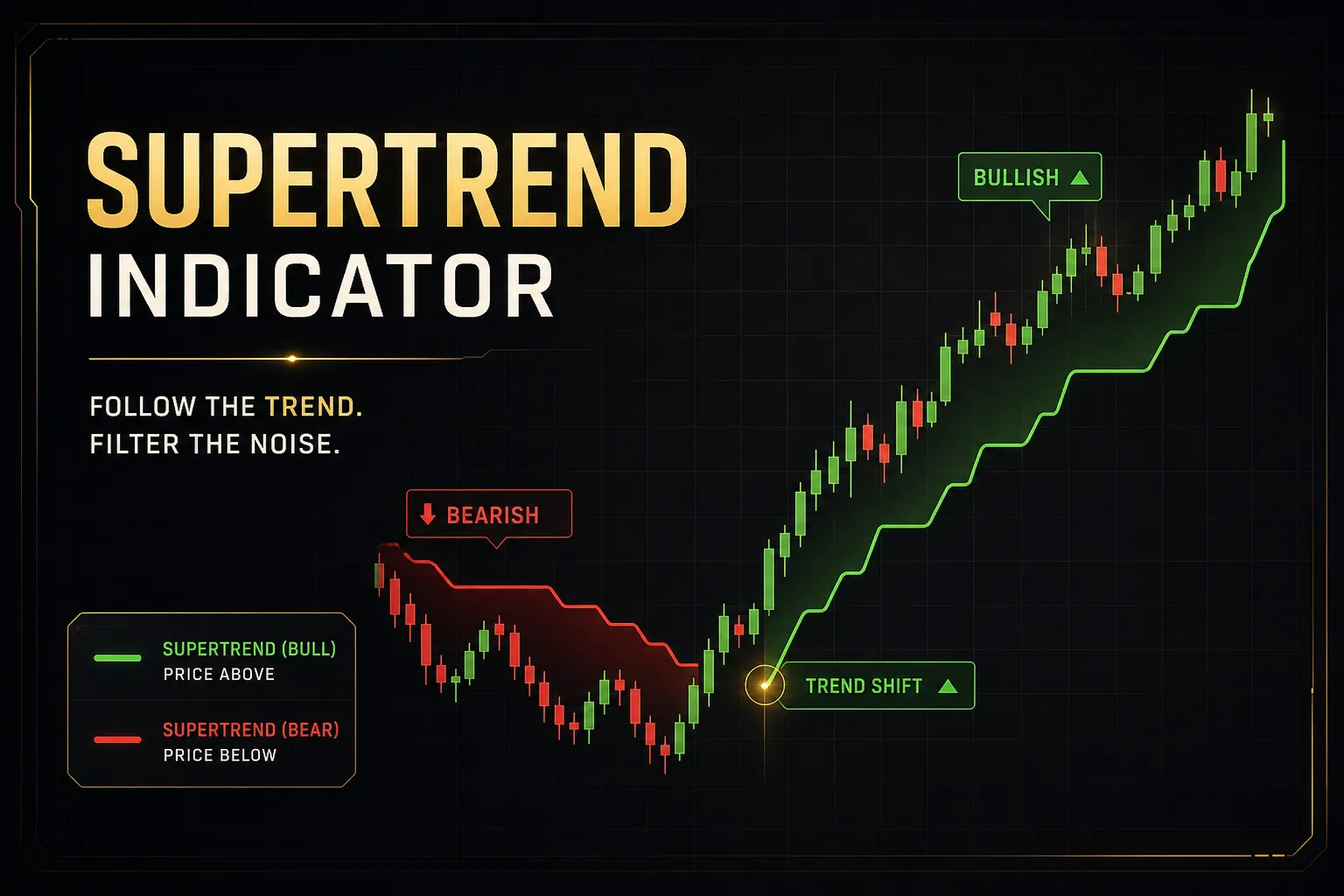 Supertrend indicator overlaid on a candlestick chart showing buy and sell trend signals