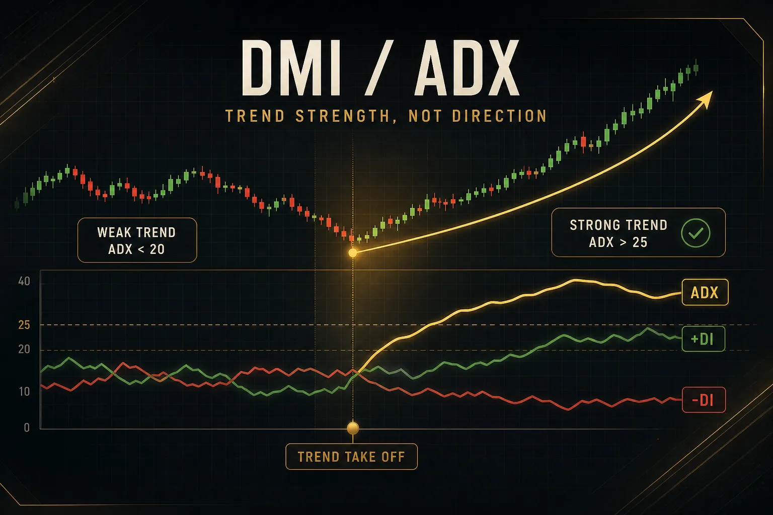 DMI indicator ADX chart showing +DI, -DI lines and trend strength for technical analysis