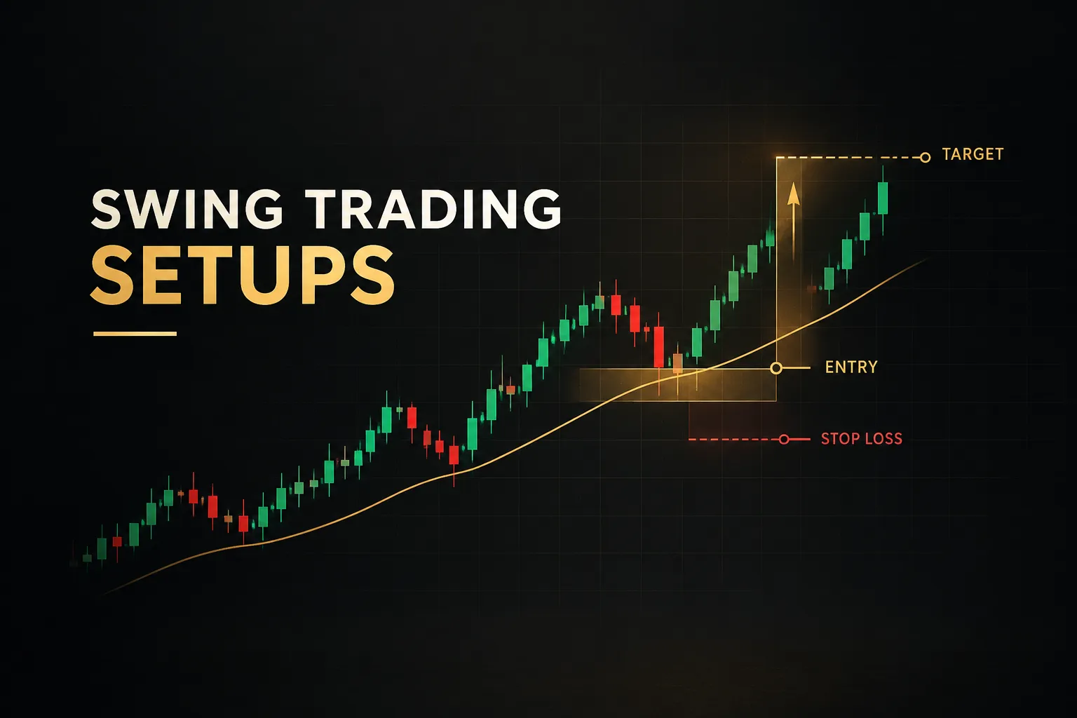 Stock chart highlighting bullish swing trading setups with trendlines, support zones, and entry points
