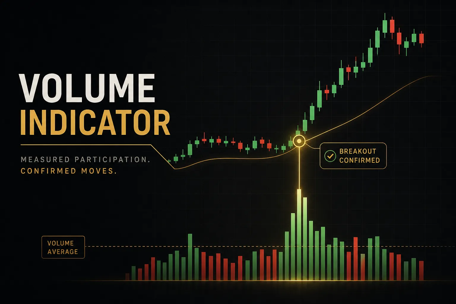 Volume indicator chart showing trading volume bars beneath price action to confirm market trend strength