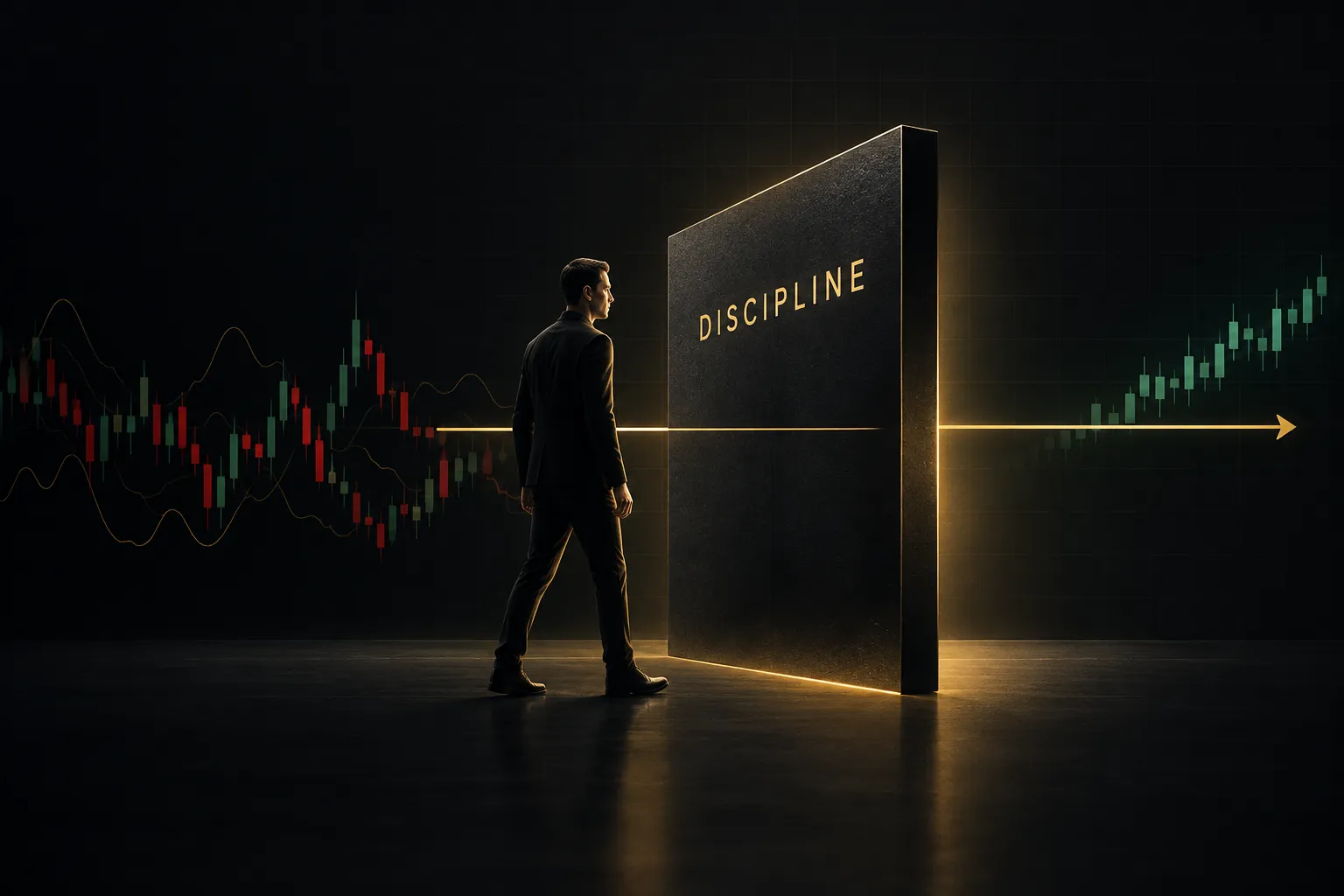 Trader calmly following a structured plan at a desk, illustrating discipline essential for consistent trading success