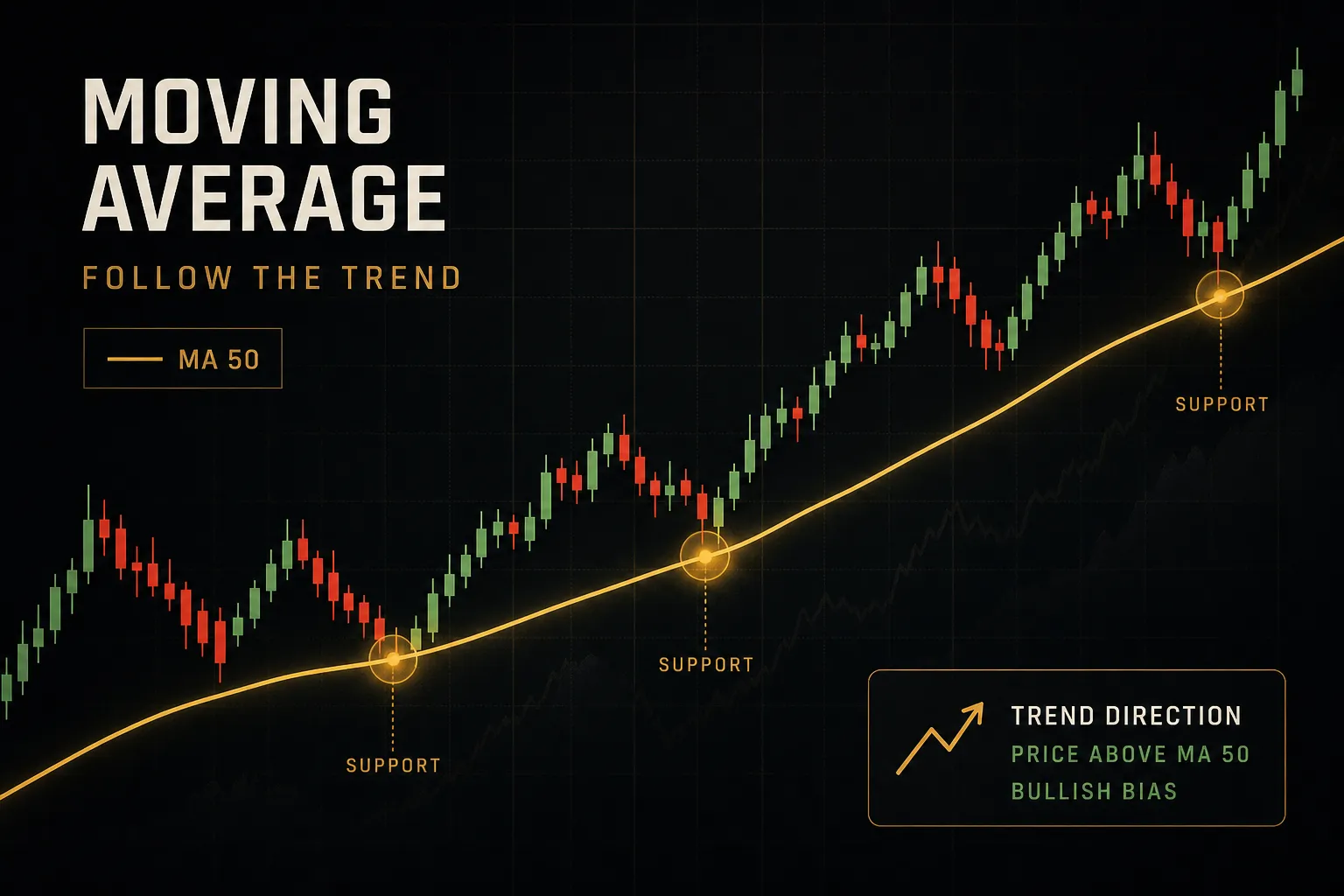 Moving average indicator overlaid on a price chart showing trend direction and crossover signals