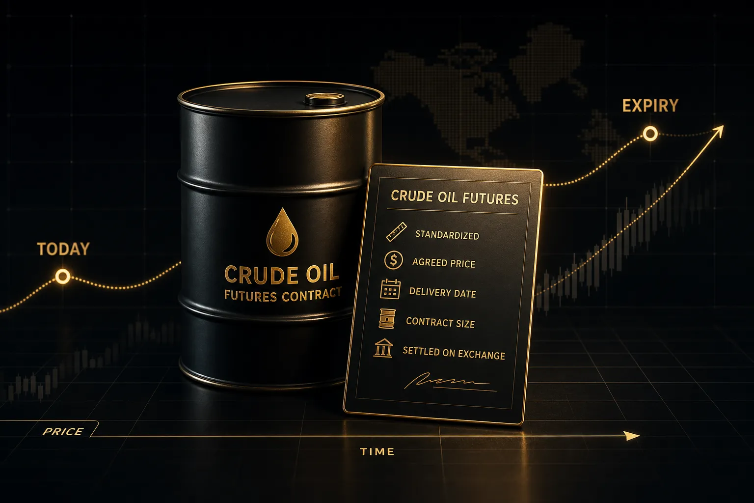 Trader monitoring crude oil futures contract price charts and market data on multiple screens