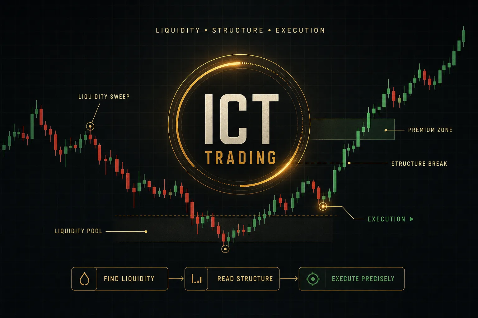 ICT trading strategy chart showing market structure, liquidity zones, and order blocks used in price action analysis