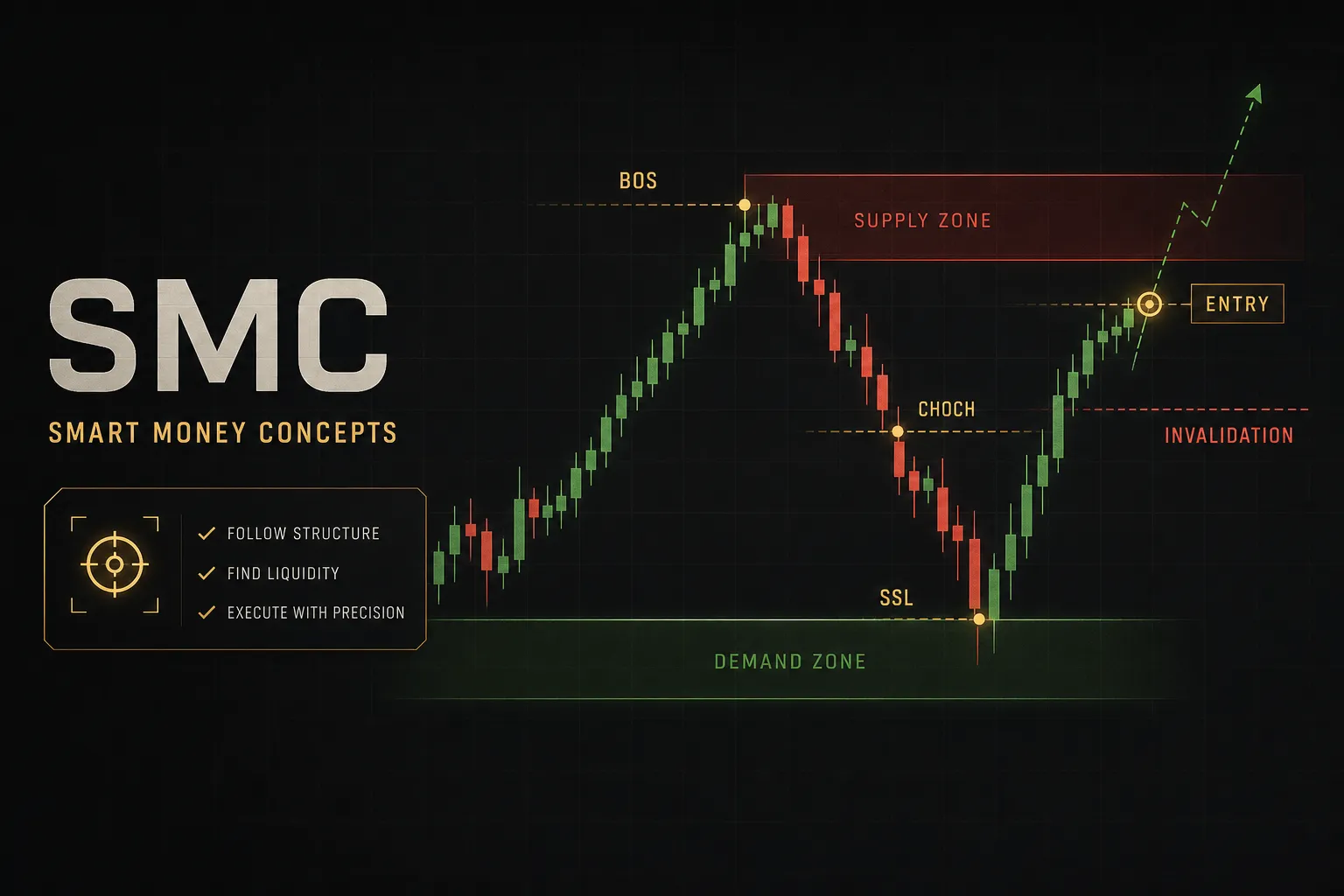 Trader analyzing SMC trading chart with liquidity zones and order blocks marked on candlestick price action