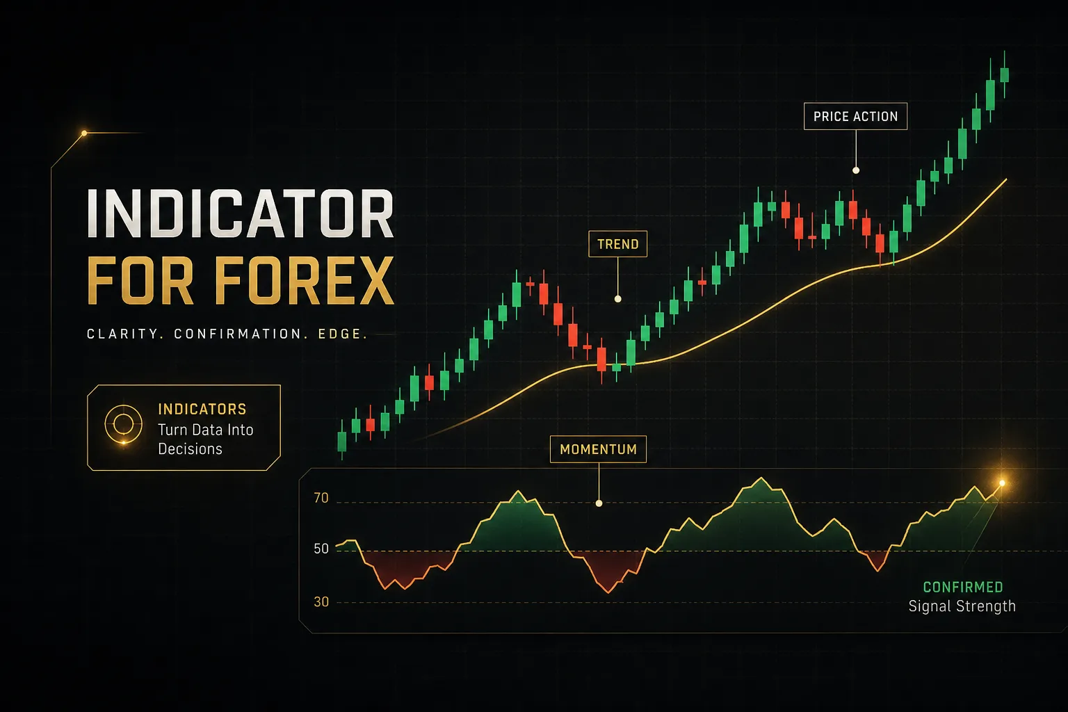Forex chart displaying multiple technical indicators used to analyze price trends and trading signals