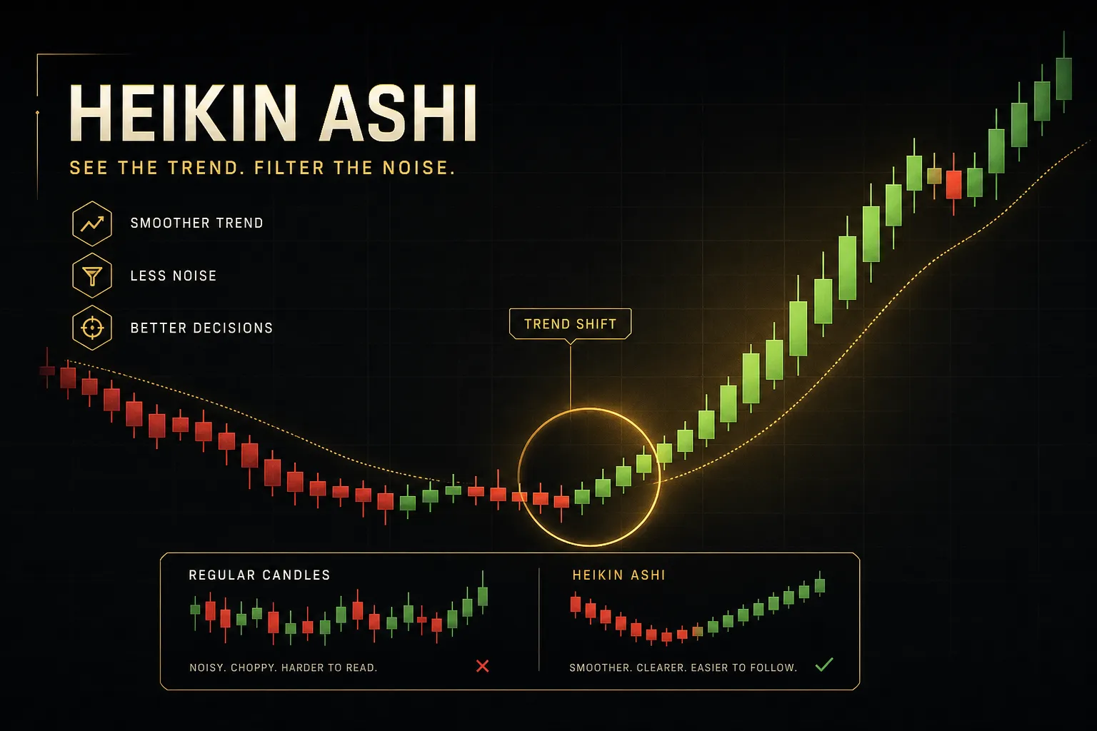 Heikin Ashi candlestick chart showing smoothed trend direction for technical price analysis