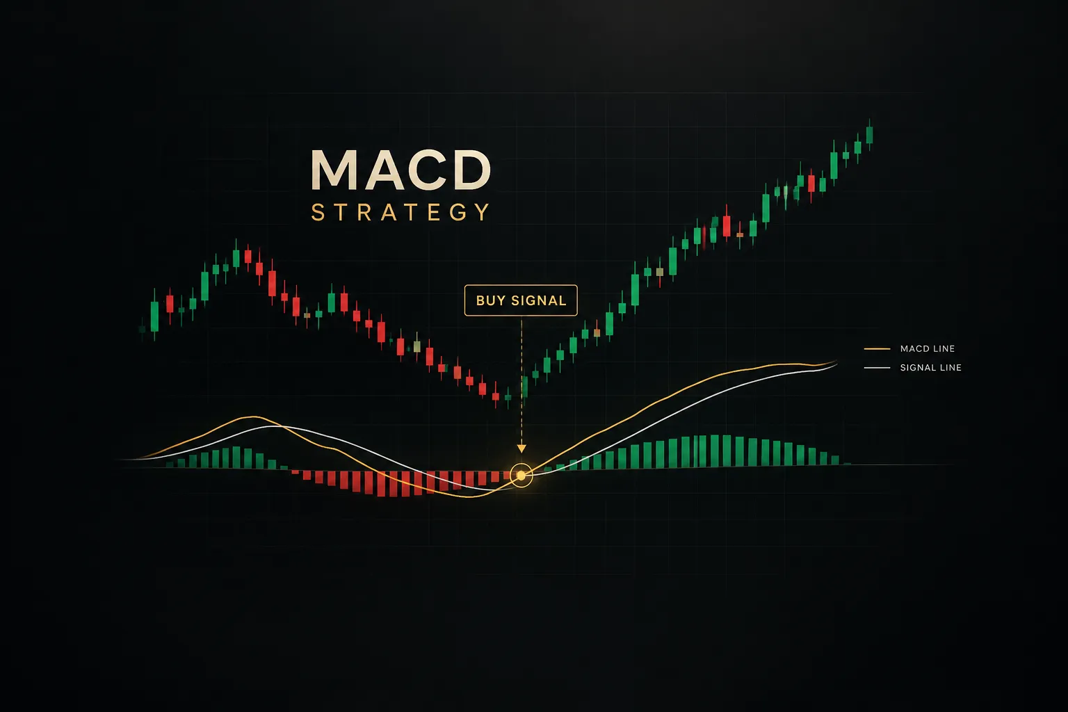MACD strategy chart showing signal line crossovers and histogram used to identify buy and sell trading signals