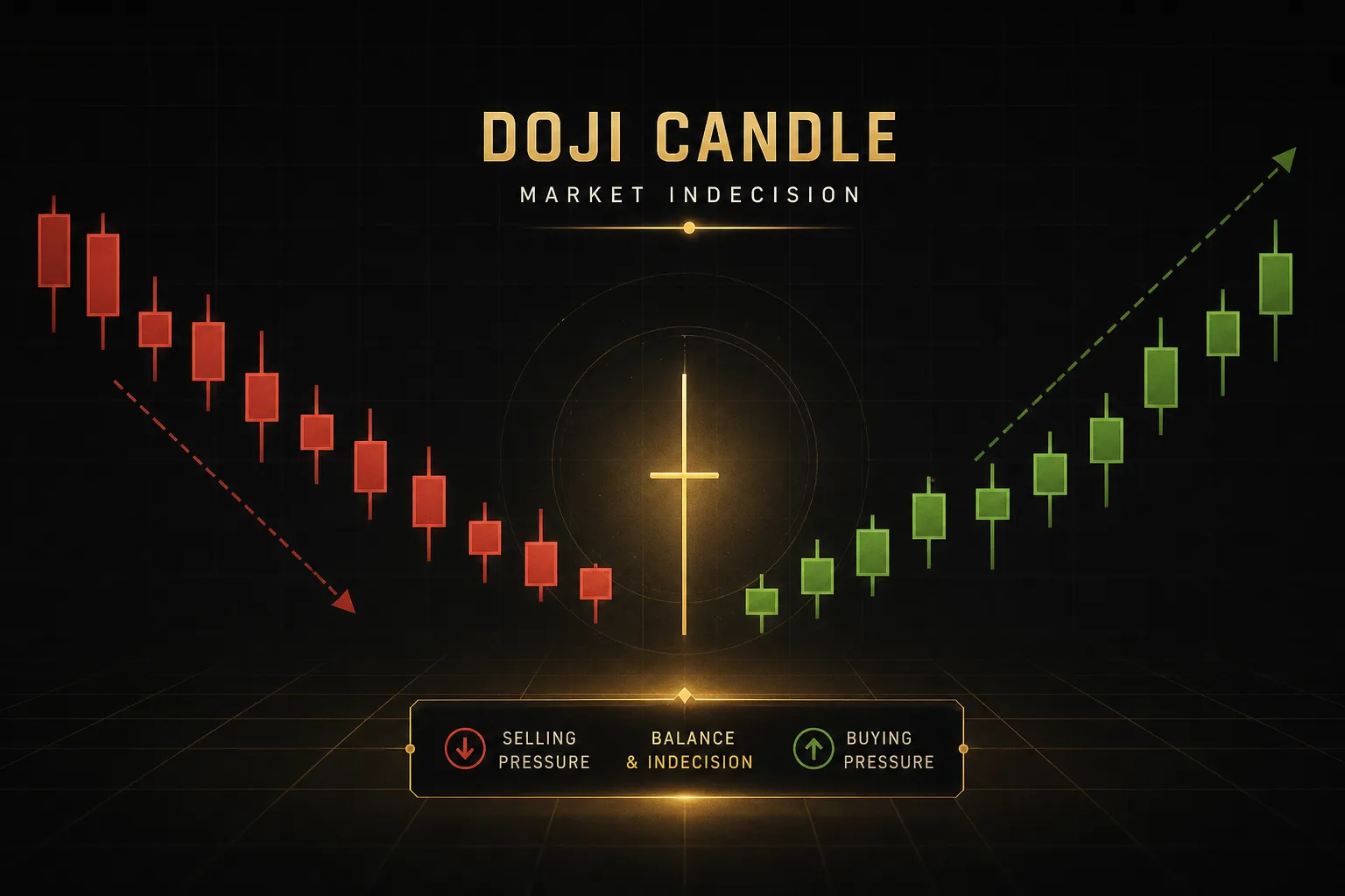 Doji candle pattern showing indecision between buyers and sellers on a price chart