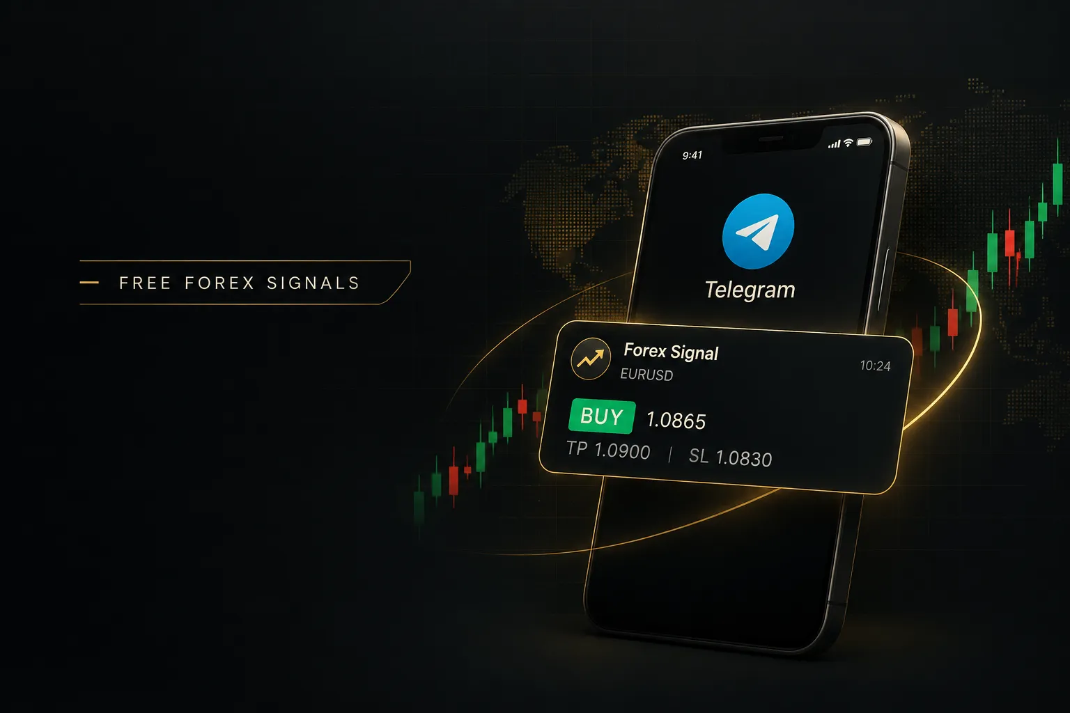 Telegram app displaying free forex signals with buy/sell alerts, entry points, and stop-loss levels on a trading chart