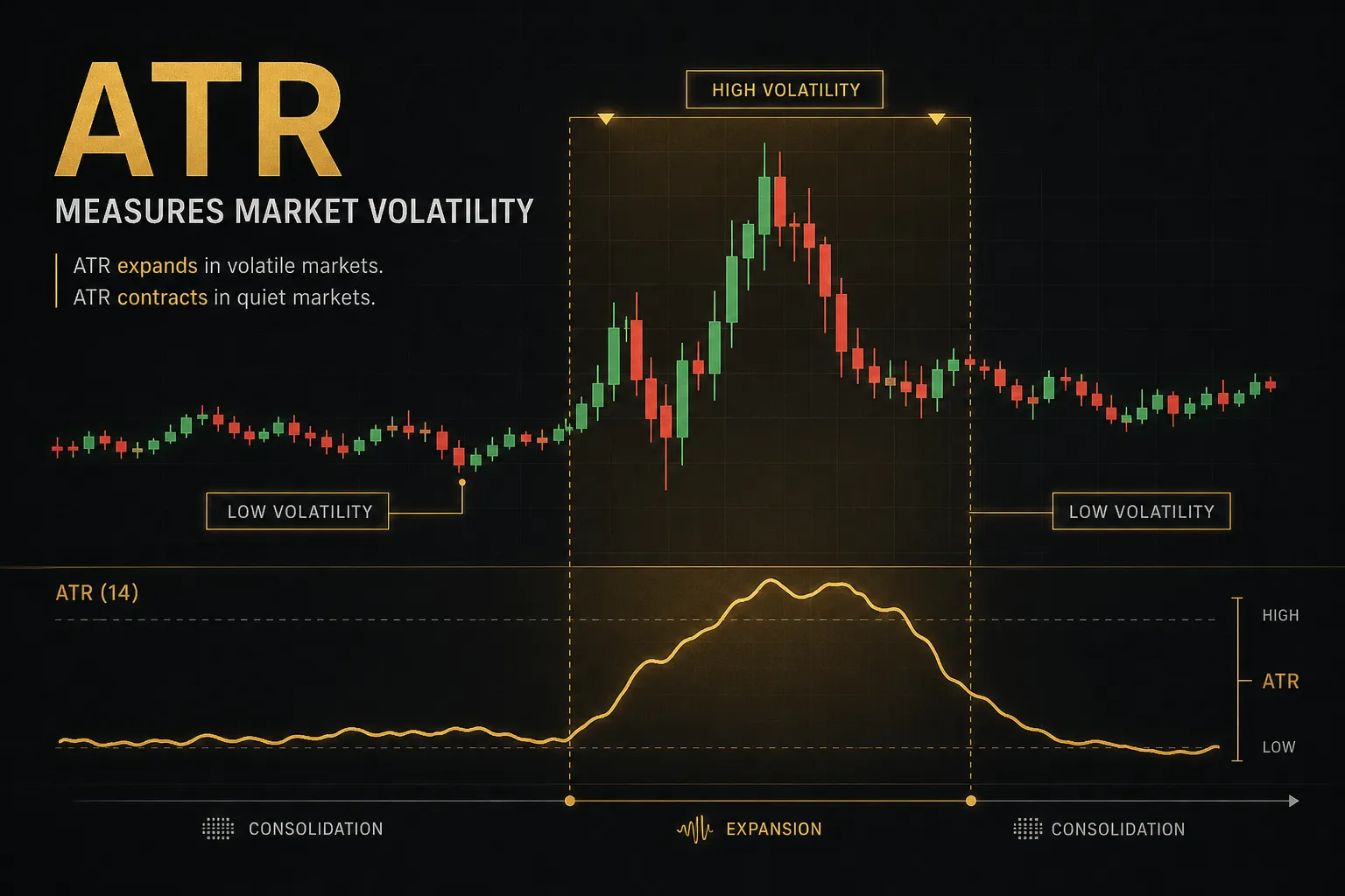 Chart showing ATR indicator measuring market volatility with price fluctuations plotted below candlesticks