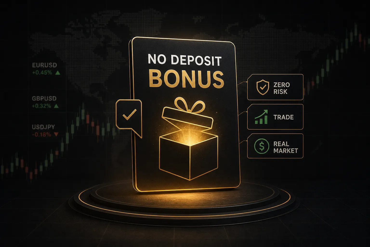 Forex brokers with no deposit bonus offer displayed on a trading platform screen with charts and account balance