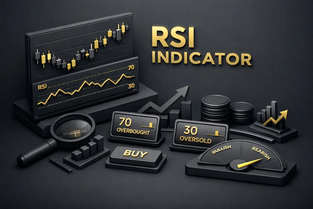 RSI indicator display showing 70 overbought, 30 oversold tiles, candlesticks and bullish-bearish gauge