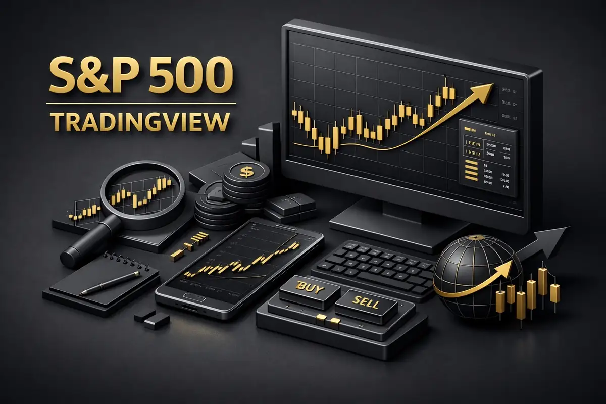 S&P 500 TradingView setup with rising candlestick chart on monitor, phone, buy sell keys and globe