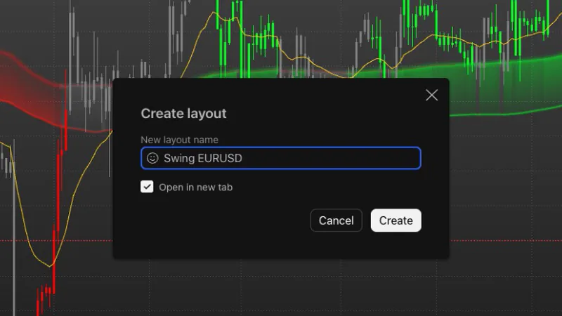 TradingView Create layout dialog with the name Swing EURUSD and Open in new tab ticked