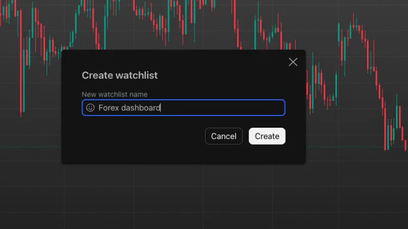 TradingView Create watchlist window with the name Forex dashboard typed in
