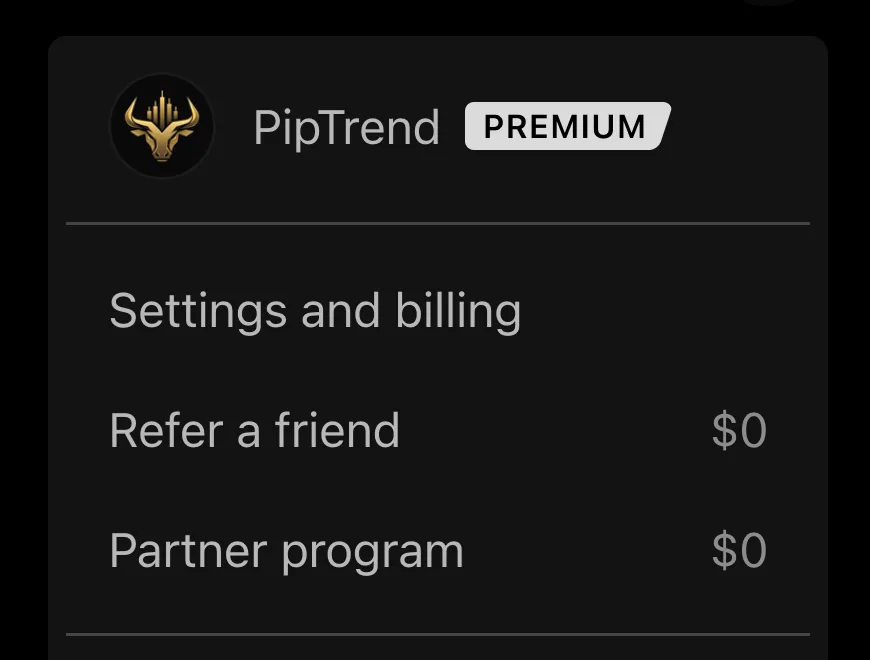 The TradingView profile menu with the username PipTrend at the top, above Settings and billing