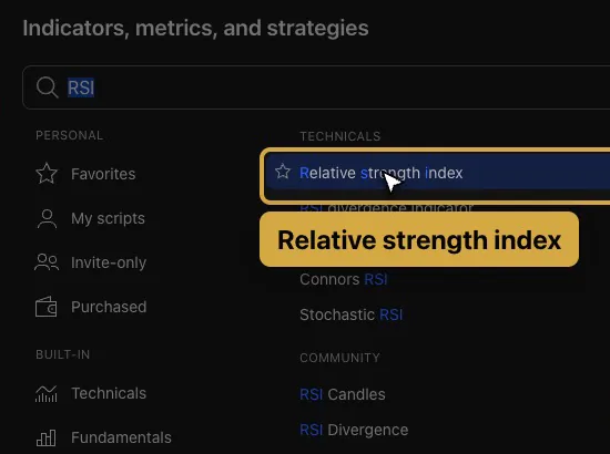 TradingView Indicators, metrics, and strategies window with RSI typed in the search box and Relative strength index highlighted under Technicals