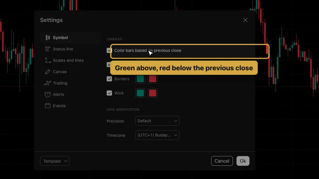 TradingView Settings dialog on the Symbol tab, with Color bars based on previous close ticked and highlighted