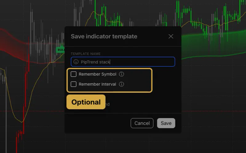 TradingView Save indicator template dialog with the name PipTrend stack, and Remember Symbol and Remember Interval unticked