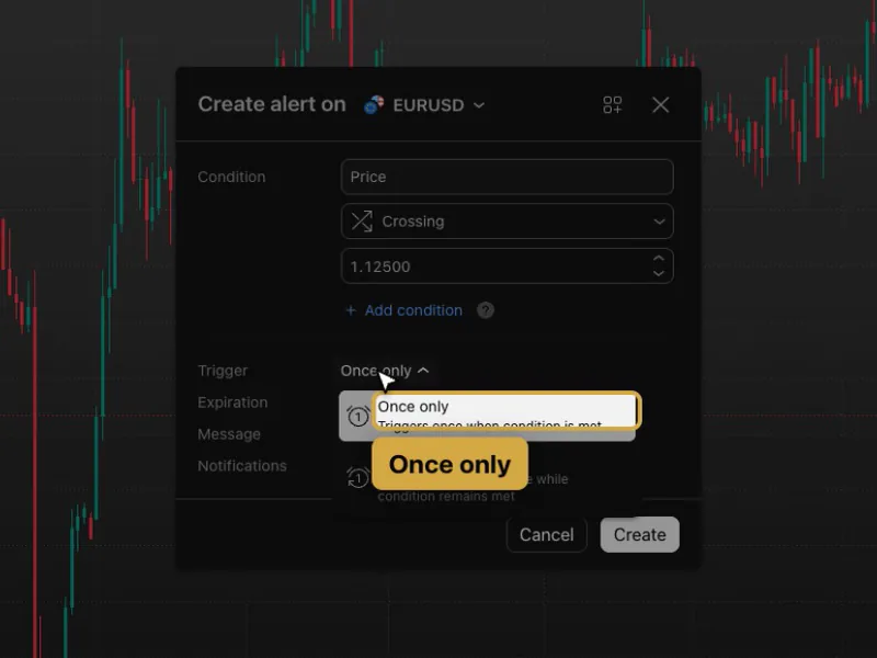 Trigger menu in the TradingView alert window, with Once only highlighted