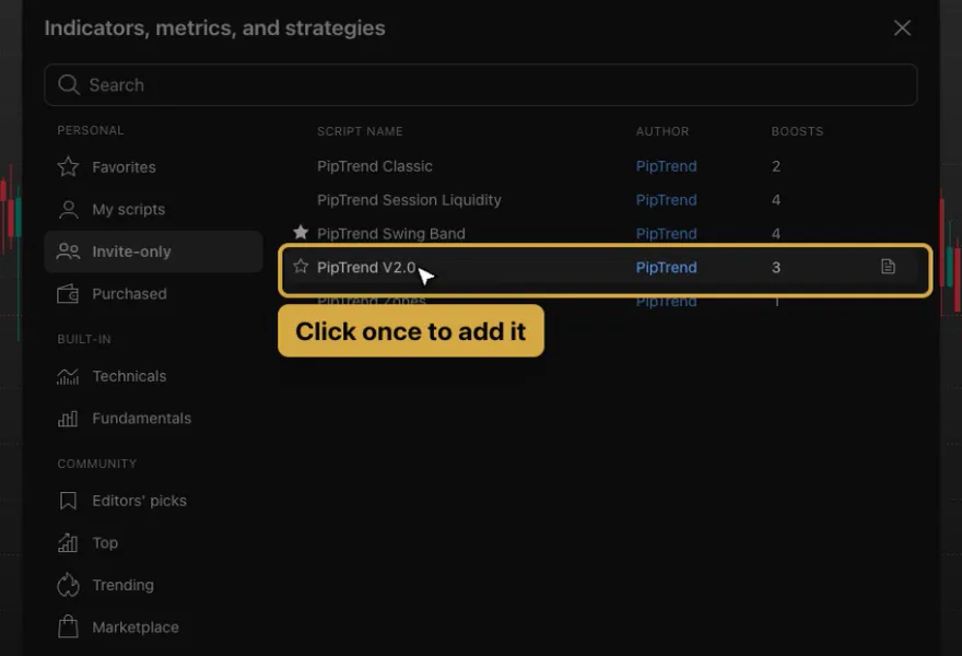PipTrend V2.0 highlighted in the Invite only list, with the star next to its name