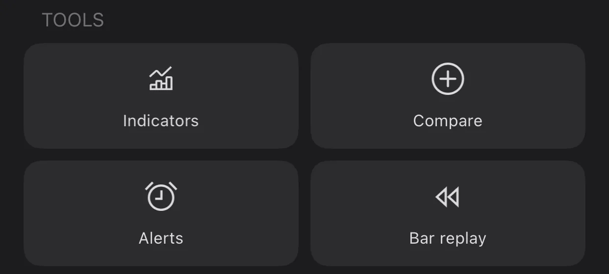 The Tools section of the TradingView Analysis hub on iPhone with Indicators, Compare, Alerts and Bar Replay