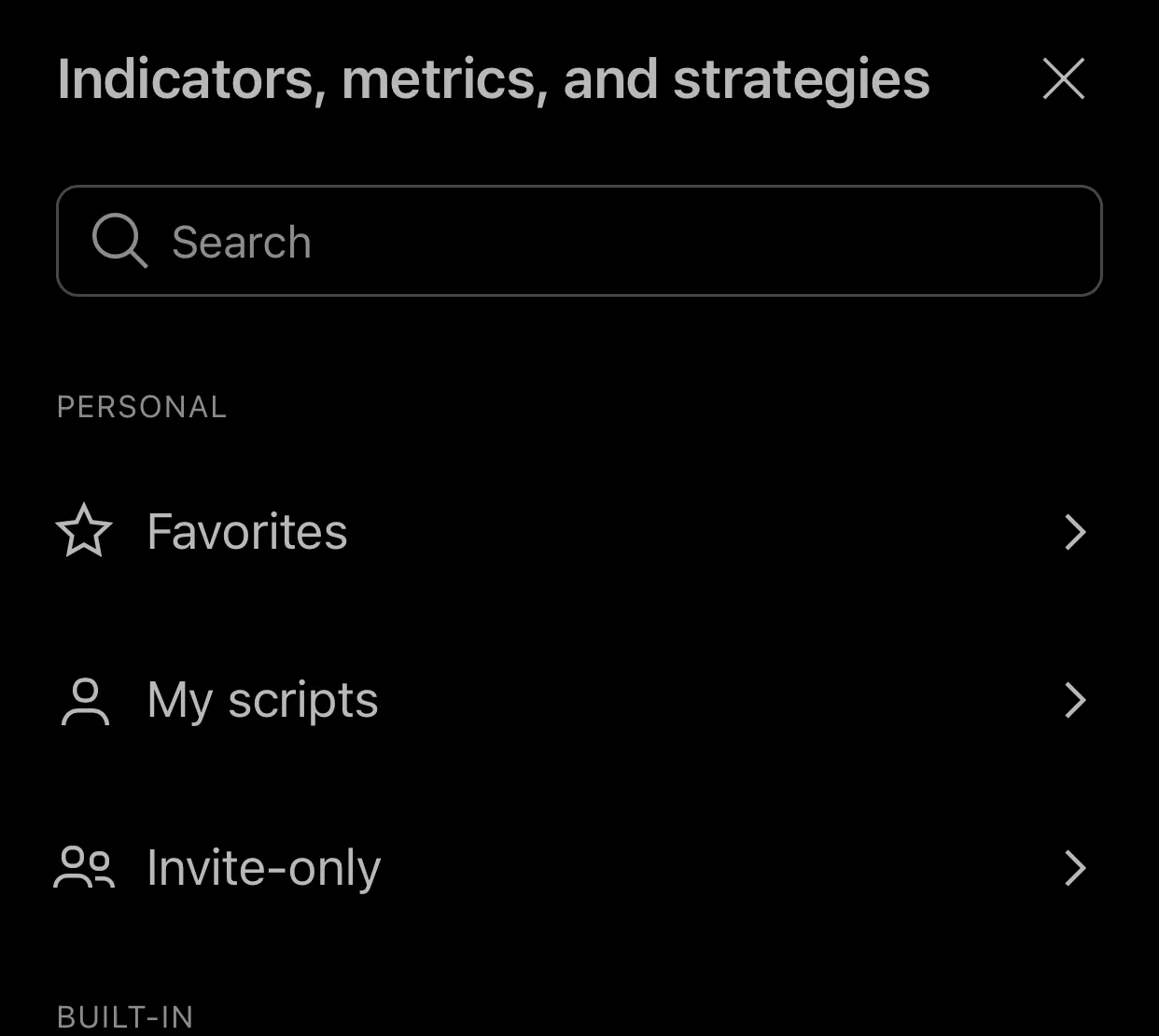The TradingView Indicators, metrics, and strategies window on iPhone with Favorites, My scripts and Invite-only under Personal