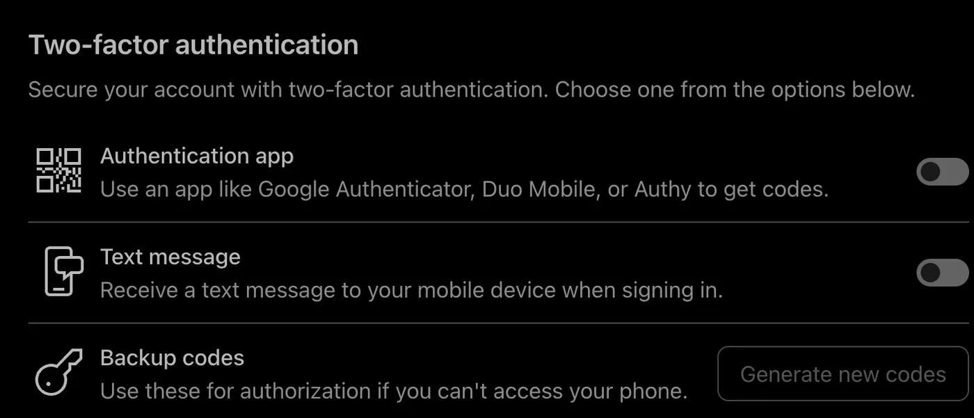 TradingView Account settings, Two-factor authentication section with the Authentication app and Text message switches and the Backup codes row