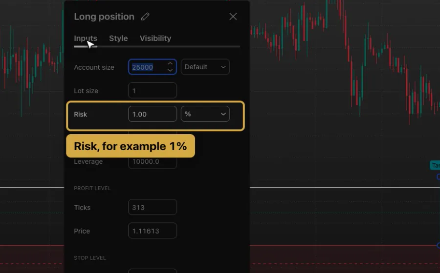 Long position settings, Inputs tab, with Account size 25000 and Risk set to 1 percent