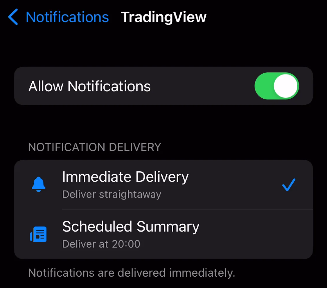 iPhone Settings, Notifications, TradingView with Allow Notifications turned on and Immediate Delivery selected