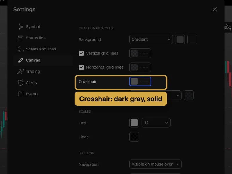 TradingView Settings dialog on the Canvas tab, with a Gradient background and the Crosshair set to dark gray, solid