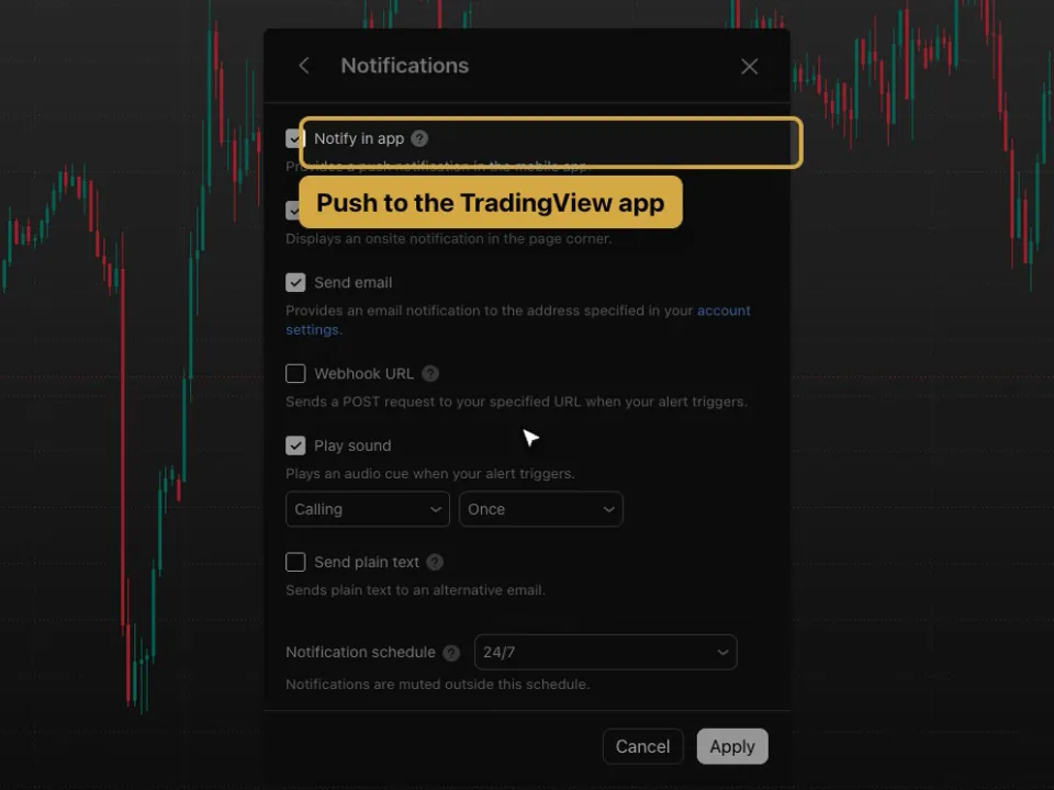 TradingView alert Notifications page, with Notify in app, Send email and Play sound ticked and Webhook URL unticked