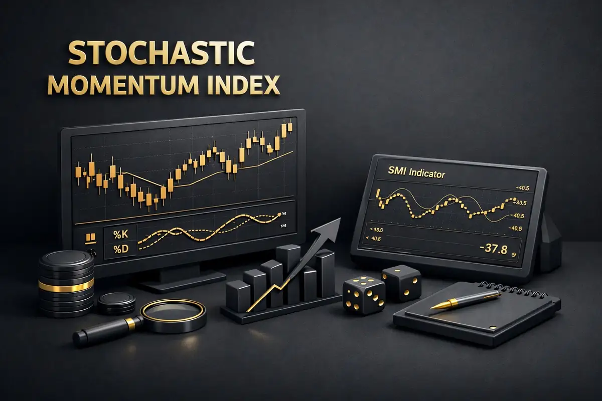 Stochastic momentum index screens with SMI indicator at -37.8, %K %D lines and candlestick chart