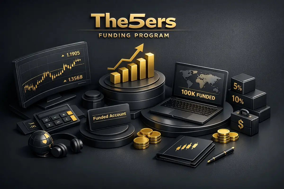 The5ers Funding Program scene with gold chart, laptop showing 100K funded account and coins