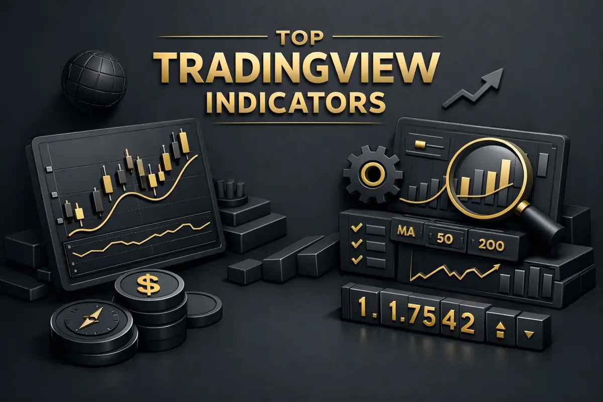 3D TradingView indicator dashboard with candlestick chart, magnifier, MA 50 200 panels