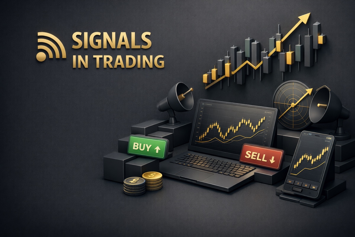 Graphical representation of trading signals with a laptop, smartphone, and buy/sell buttons, featuring PipTrend branding.