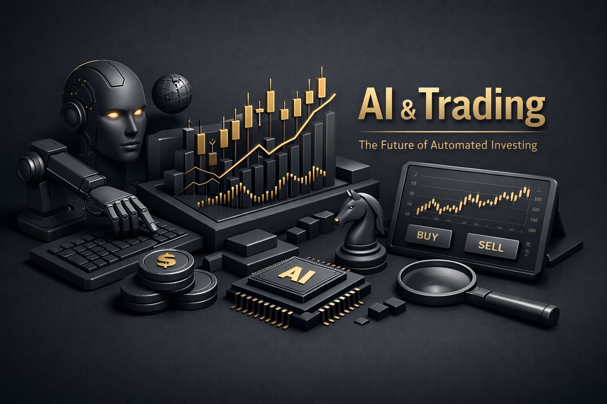 A stylized representation of AI and trading concepts with charts, currency symbols, and a robotic figure.