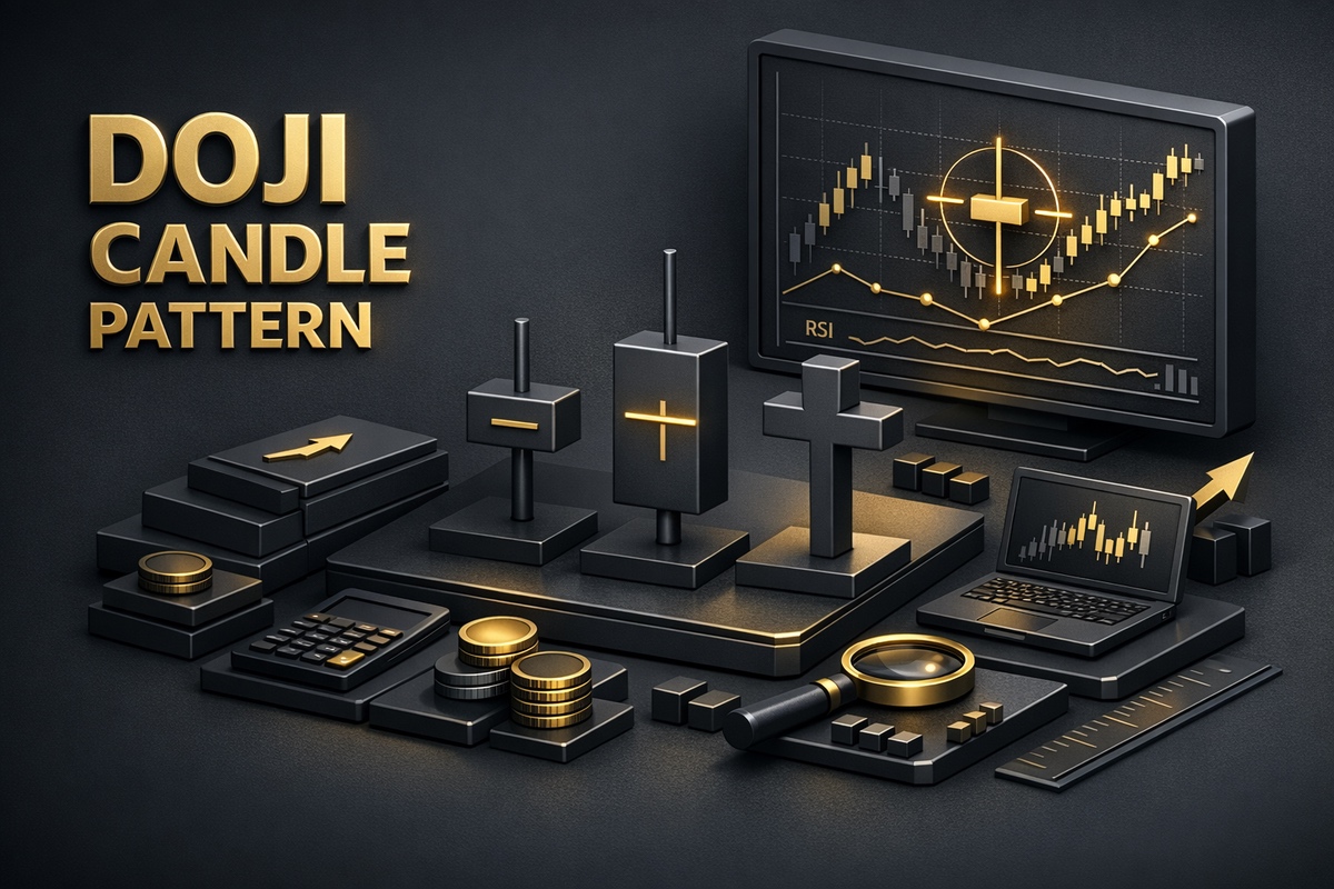 Graphic representation of the Doji Candle Pattern with various trading tools and indicators on display.