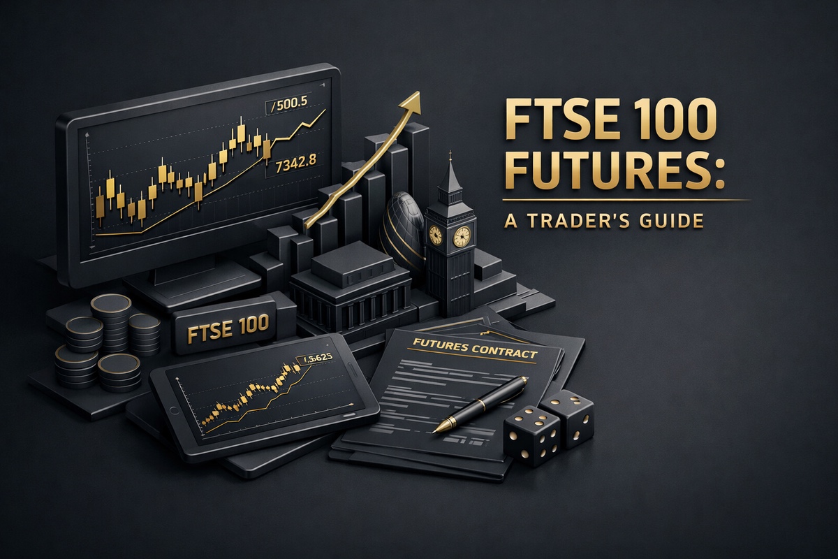 Graphical representation of FTSE 100 futures with a trading guide, featuring a chart and financial tools.