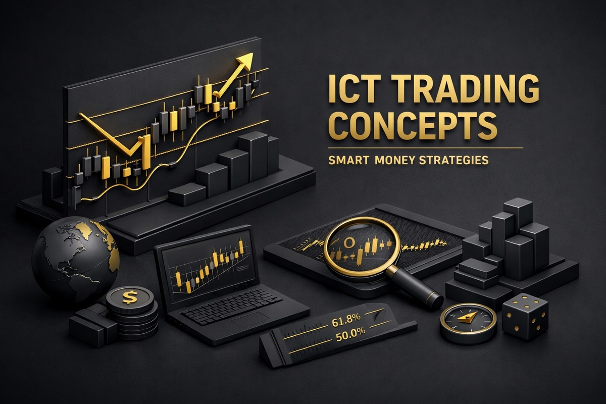Graphic representation of ICT Trading concepts with charts, a globe, and financial symbols in a dark theme.