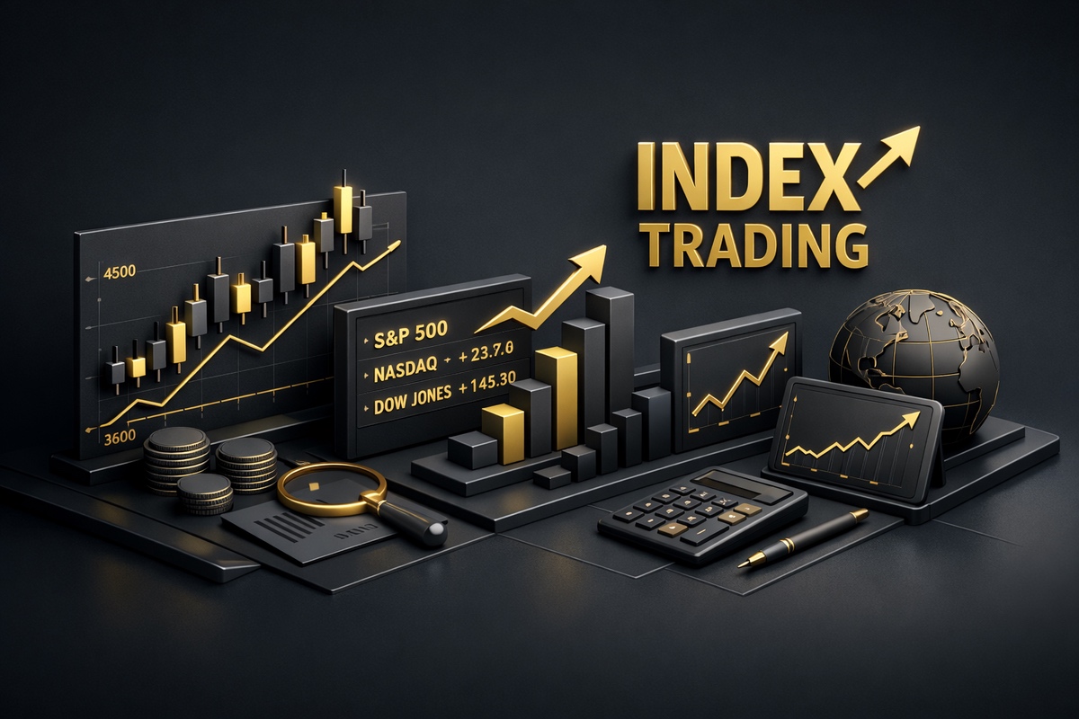 3D representation of index trading with graphs, a globe, and financial data including S&P 500, NASDAQ, and DOW JONES.