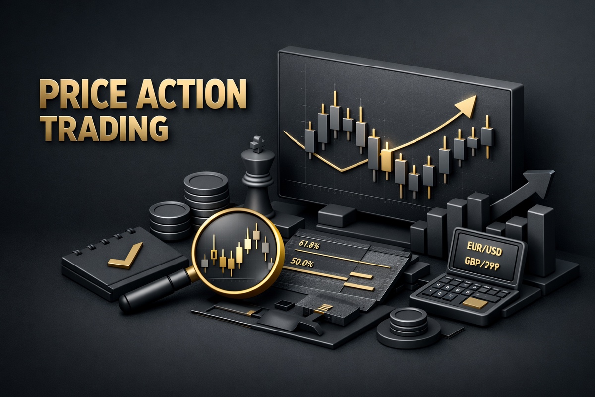 3D illustration of Price Action Trading with charts, magnifying glass, and financial tools on a dark background.