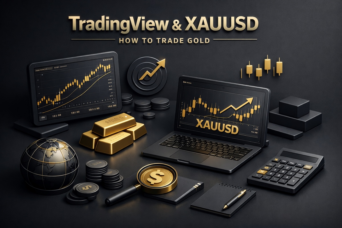 Laptop displaying TradingView charts and XAUUSD gold trading information with gold bars and financial tools.