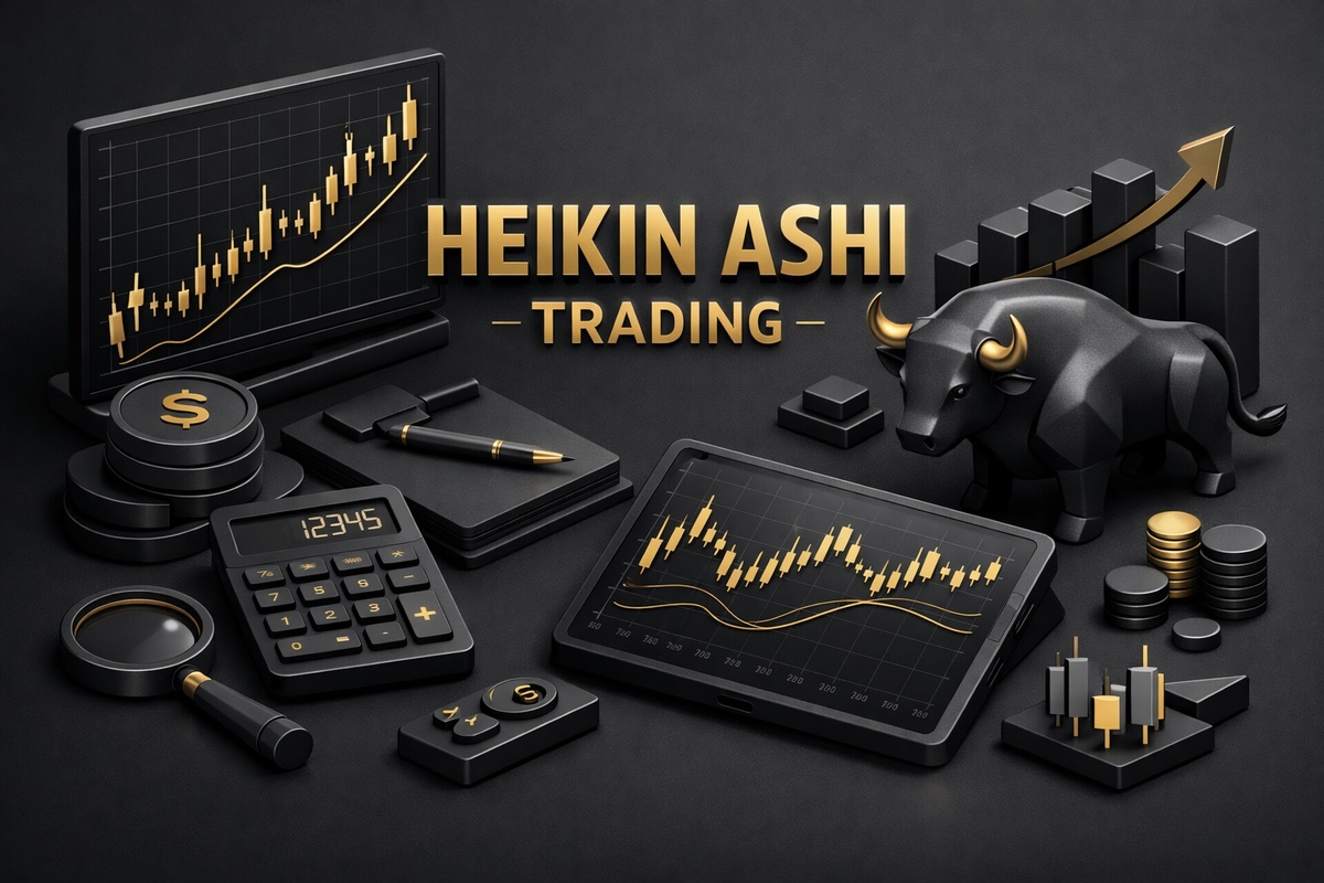 Graphic representation of Heikin Ashi trading with charts, a bull figure, and trading tools in black and gold.