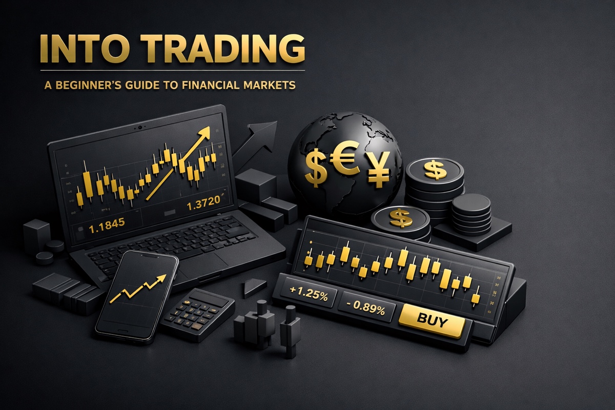Graphical representation of financial markets with charts, currency symbols, and trading devices, showcasing PipTrend's trading guide.