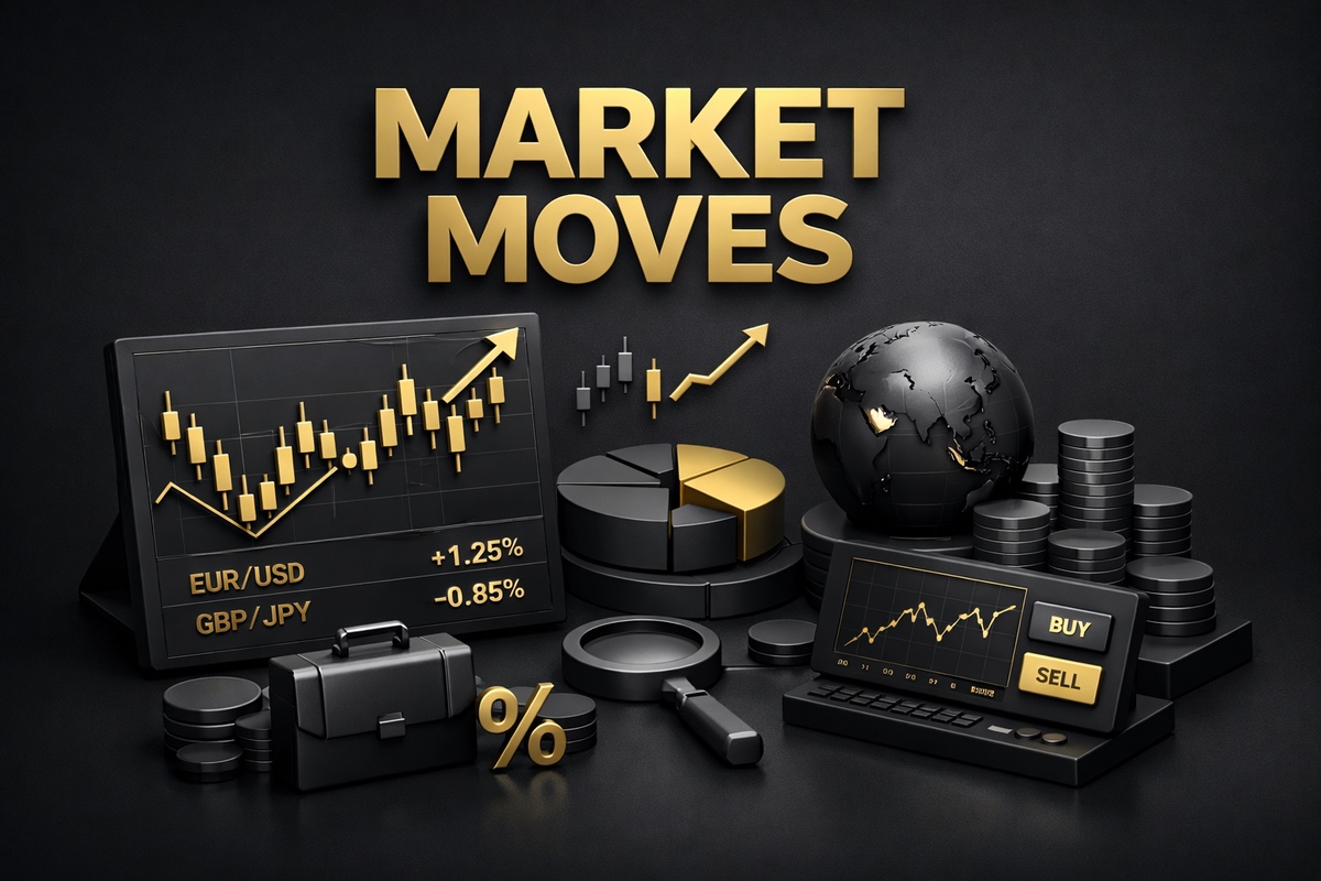 Graphical representation of market movements with charts, currency symbols, and financial tools on a dark background.