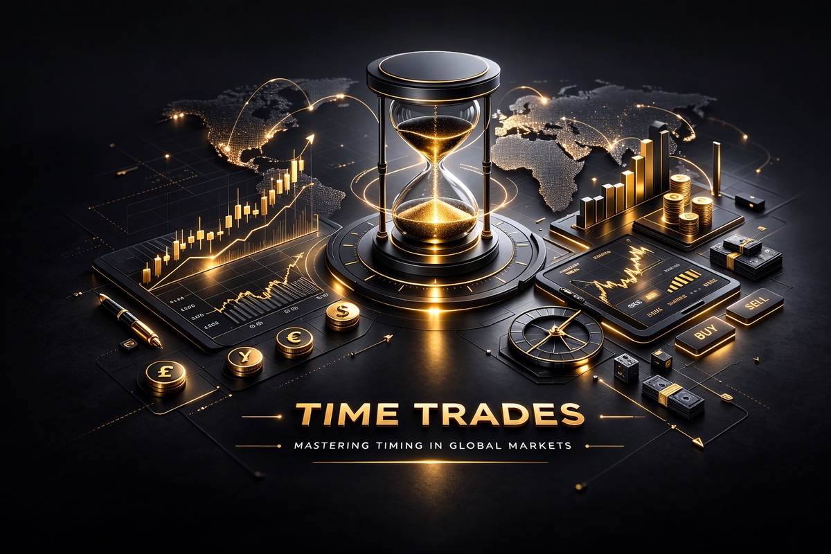 A digital representation of time trades with an hourglass, graphs, and currency symbols on a dark background.
